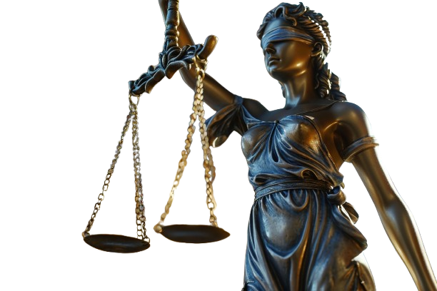 A statue of Lady Justice, blindfolded and holding scales, stands in a courthouse.